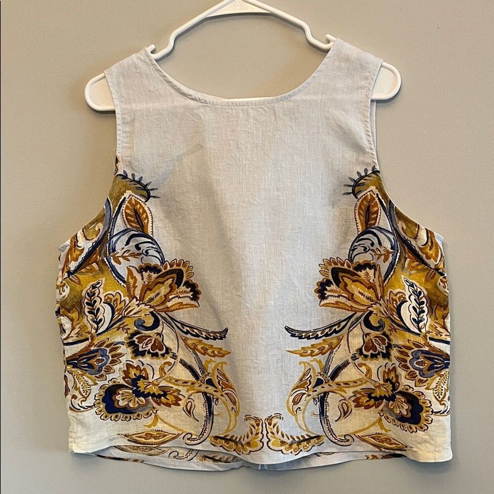 Joie 100% Linen Sleeveless Top Blue & Gold Paisley Coastal Boxy Blouse Size XL